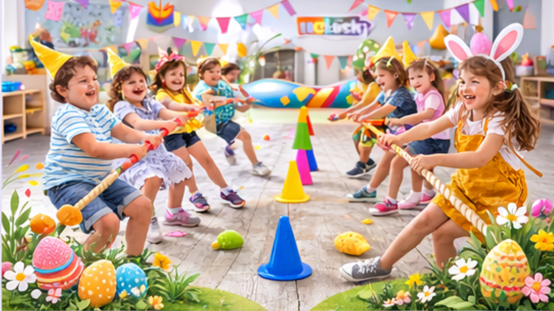 Niños jugando con un paracaídas de colores